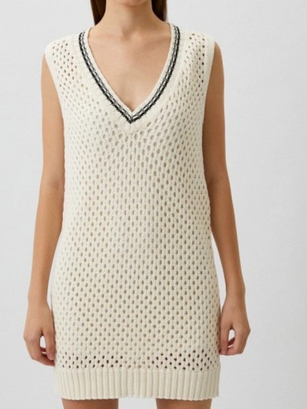 Pinko Cream Open-Knit V-Neck Sleeveless Mini Dress